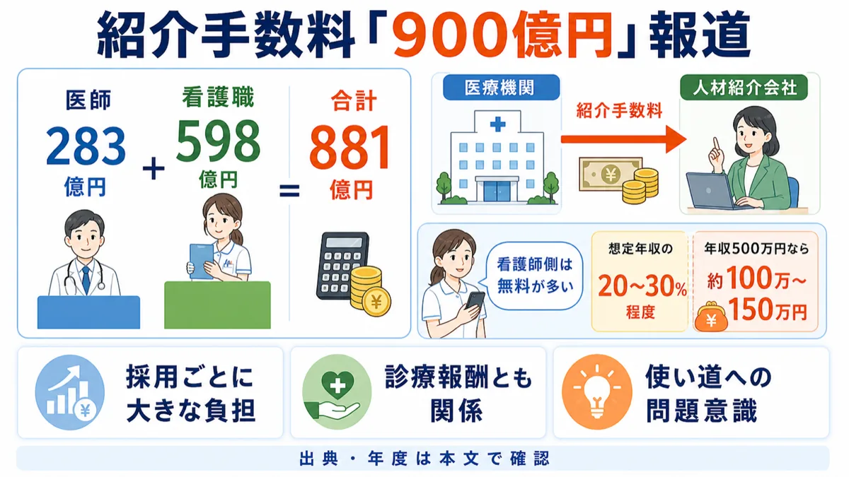 看護師転職エージェントの900億円問題と紹介手数料の仕組みを解説した図