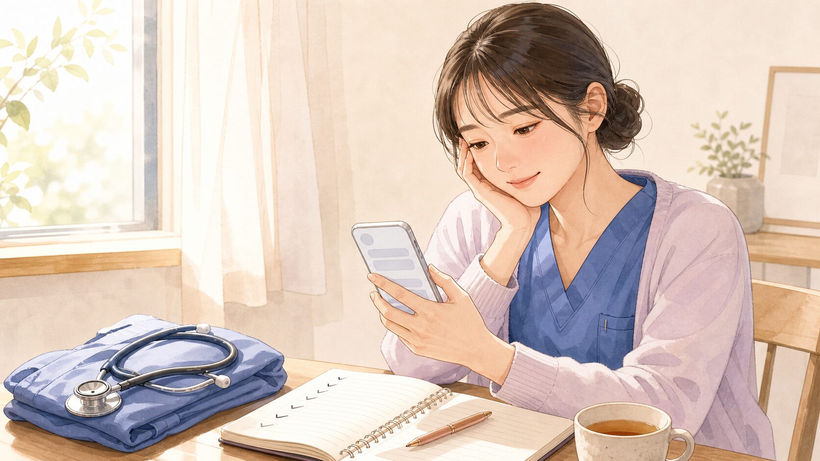 夜勤明けの看護師がスマホとノートで転職条件を整理しているイメージイラスト