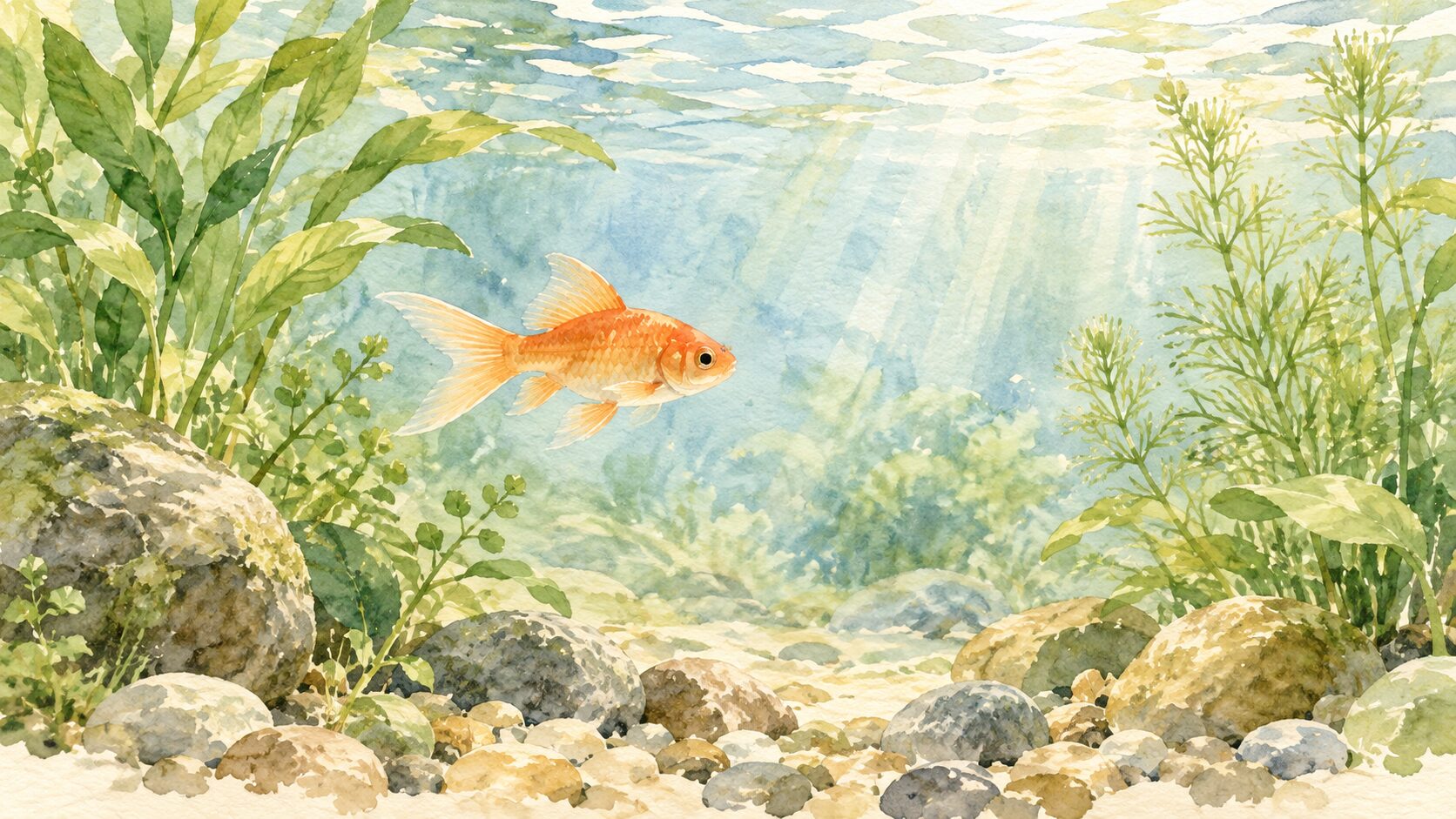 水草のある穏やかな水の中を泳ぐ魚。自分に合う環境を考えるためのイメージ
